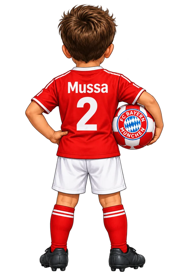 Mussa, seen from behind in his red number 2 shirt, holding a football.